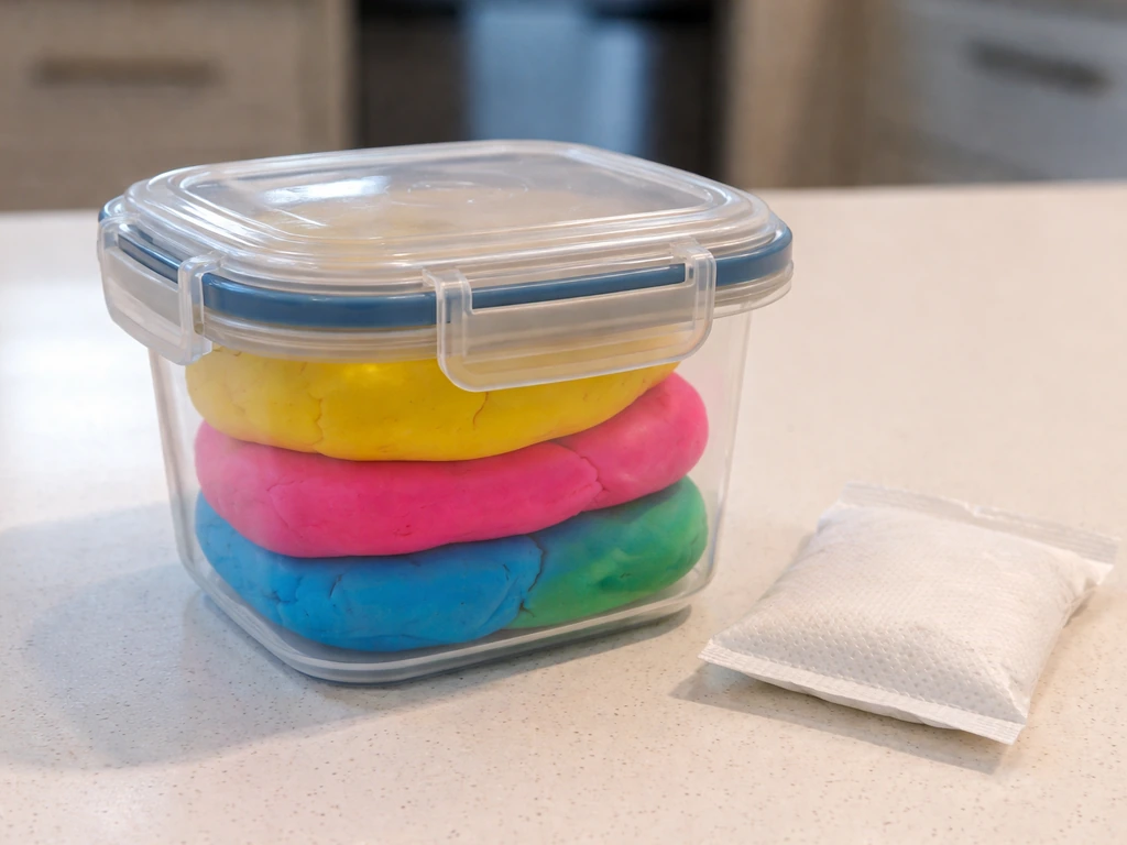 Close-up of airtight Play-Doh container being locked with a nearby desiccant pack for moisture control