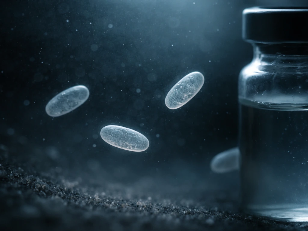 Minimal microscopy-style view of translucent bacterial spores in a dark, low-oxygen lab vial.