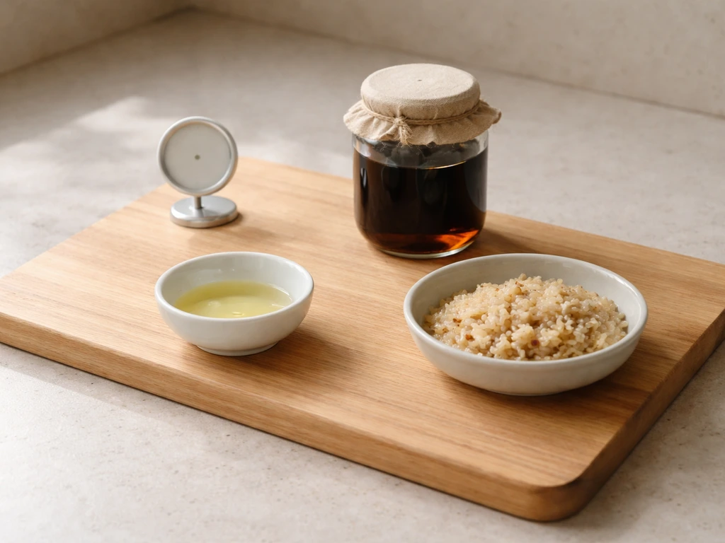 Minimal photo of a cutting board with four small ingredients arranged to suggest botulism risk conditions.