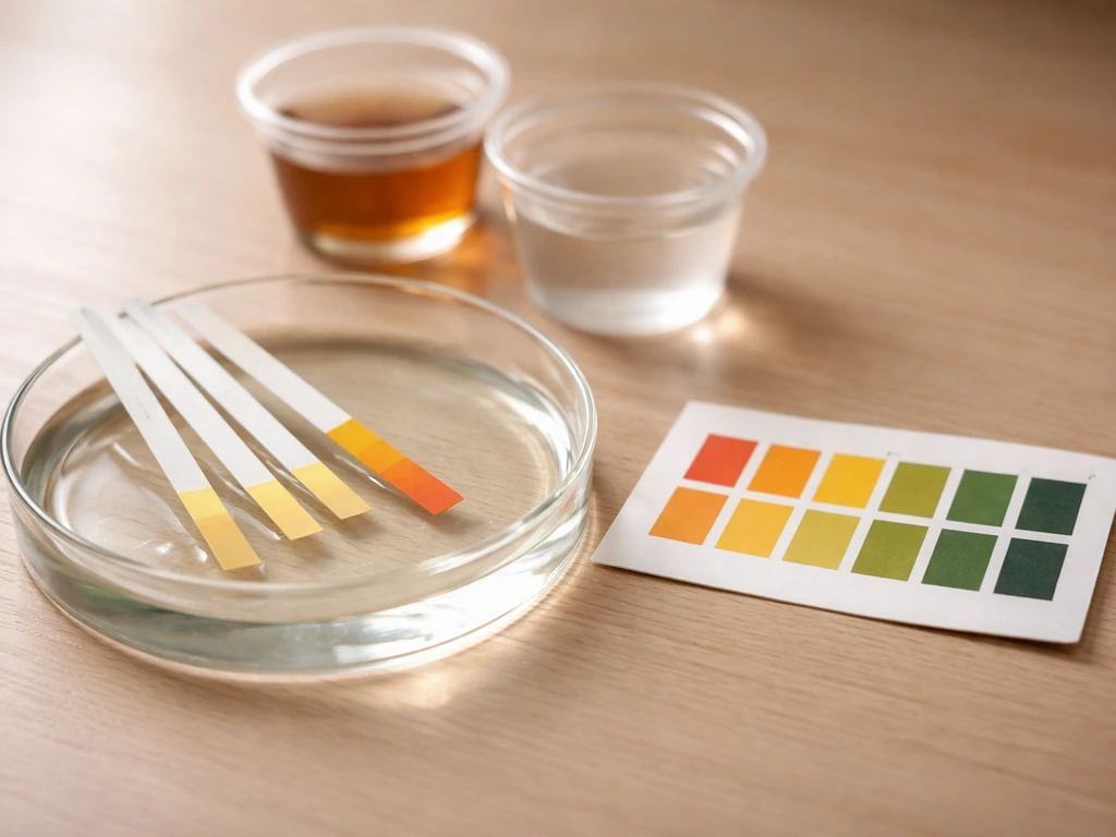 Close-up of pH test strips over a small dish with acidic liquid, plus a simple unlabeled pH card backdrop.
