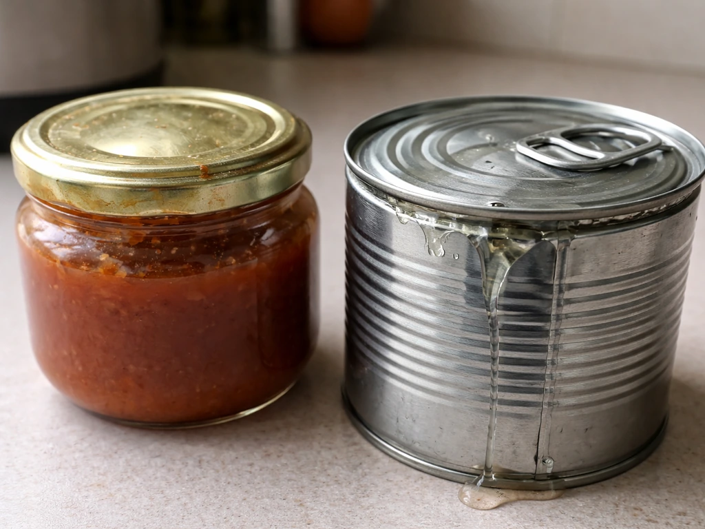 Close-up of a swollen, bulging jar lid and leaking can showing spoilage warning signs