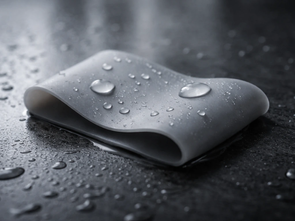 Close-up of damp silicone with water droplets beading on the surface in a moody lab setting.