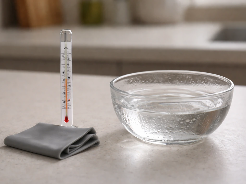 Thermometer beside a silicone mat with a small bowl of warm water in a bright kitchen