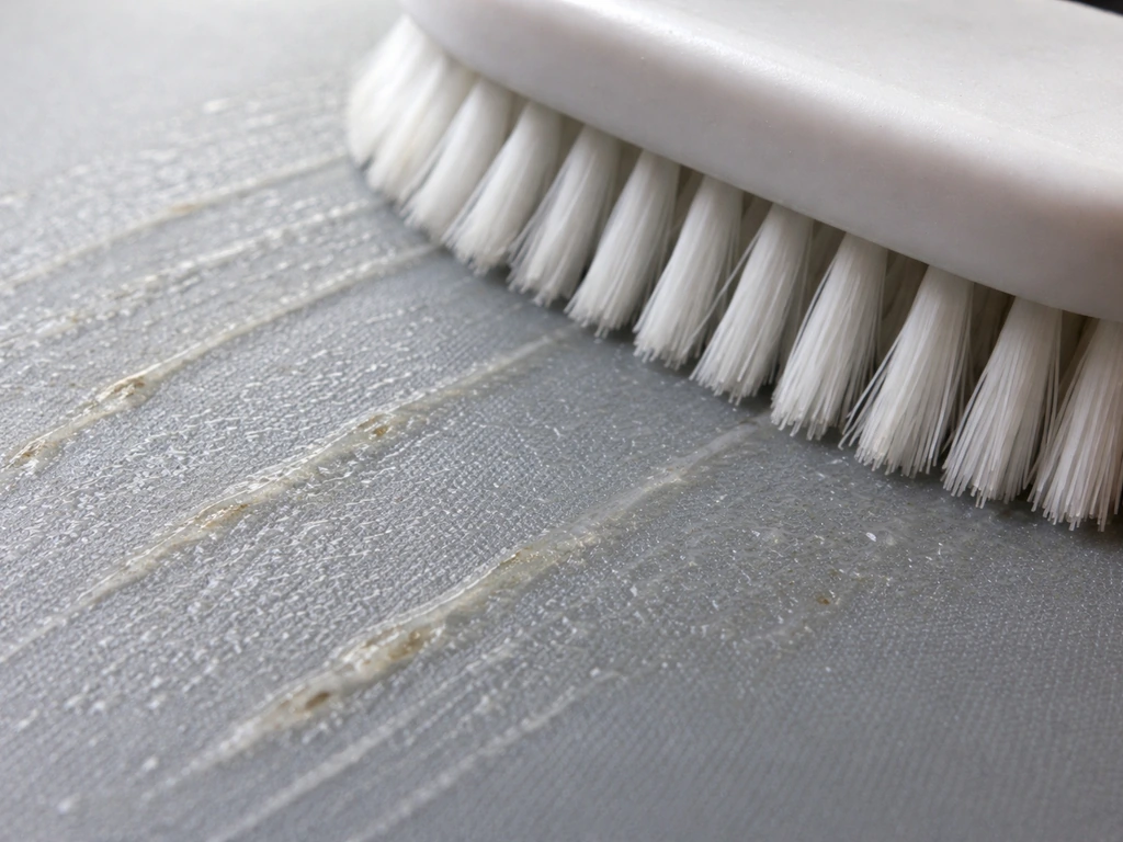 Macro close-up of residue clinging to silicone with a scrubbing brush pressing against it.