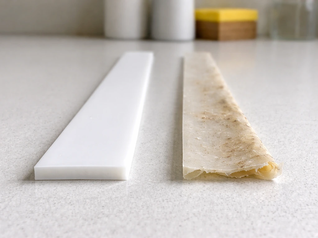 Two silicone kitchen caulk strips side by side: one intact and one torn with deep staining and tacky surface.
