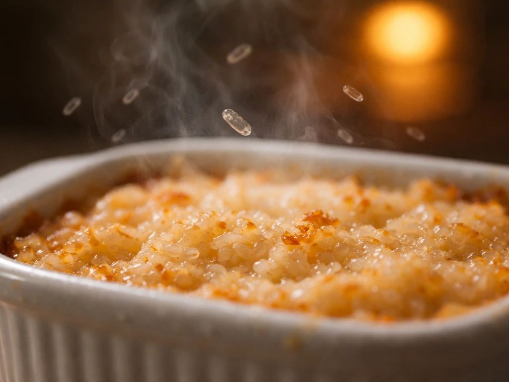 Warm, slightly moist casserole with subtle microscopic bacterial shapes suggesting growth.
