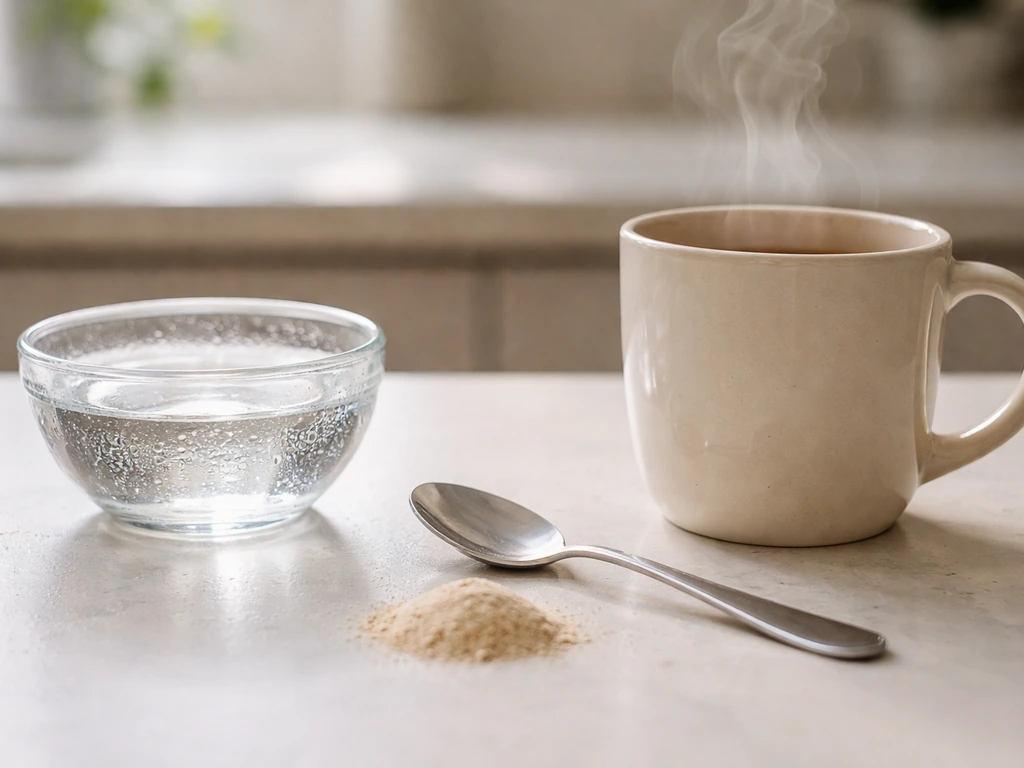 Minimal photo of three separate elements—warm mug, water droplets, and nutrient powder—suggesting bacterial growth needs