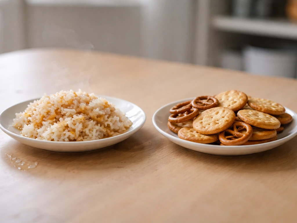 Two plates side-by-side: moist cooked rice with sauce vs a dry cracker, emphasizing low moisture.