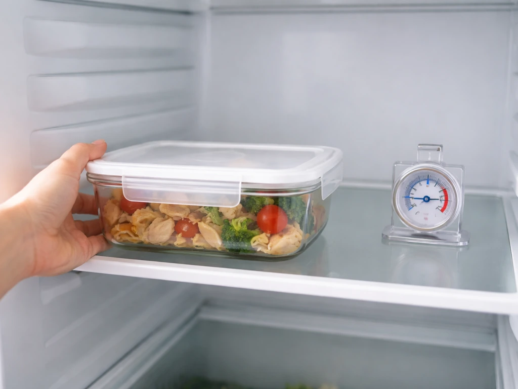 Covered leftovers being placed in a fridge, with a refrigerator thermometer showing safe temperature.