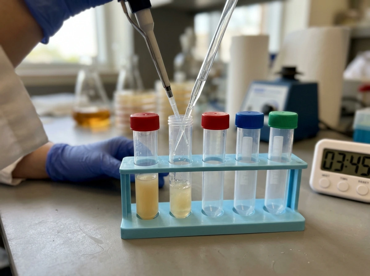 Close-up of pipetting disinfectant into culture tubes with a timer for dwell time