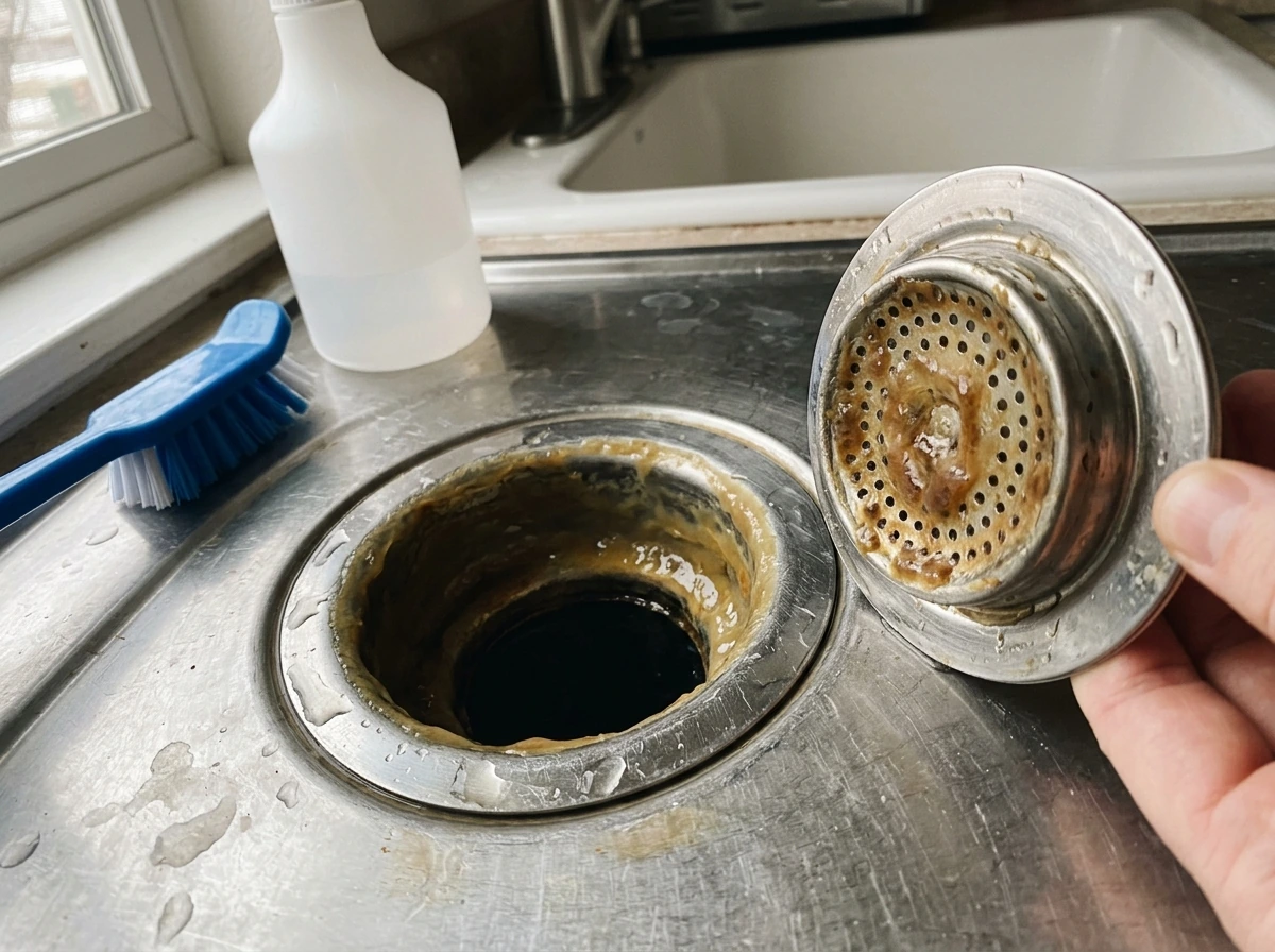 Close-up of kitchen drain showing slick biofilm residue near a scrub brush