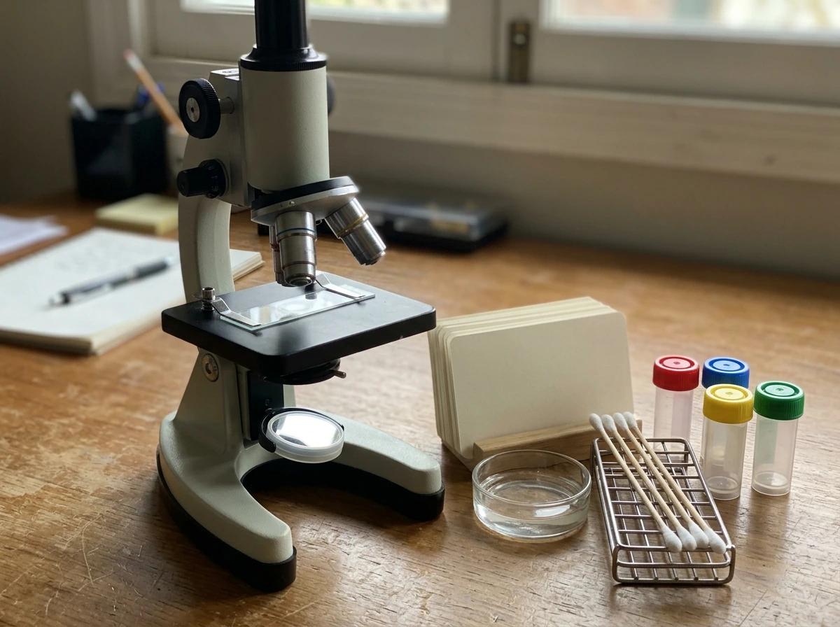 Microscope and unlabeled swabs prepared for identifying disinfectant-resistant organisms