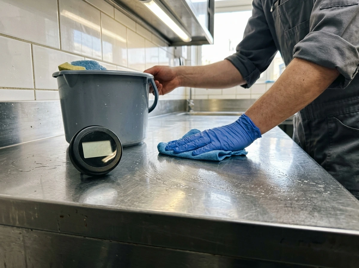 Timer beside a wet disinfecting cloth on a surface indicating too-short contact time