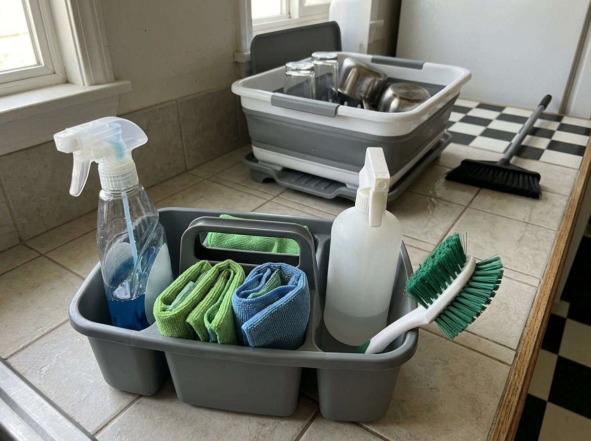 Cleaning caddy and tools arranged to prevent recurrence with scrubbing and thorough drying