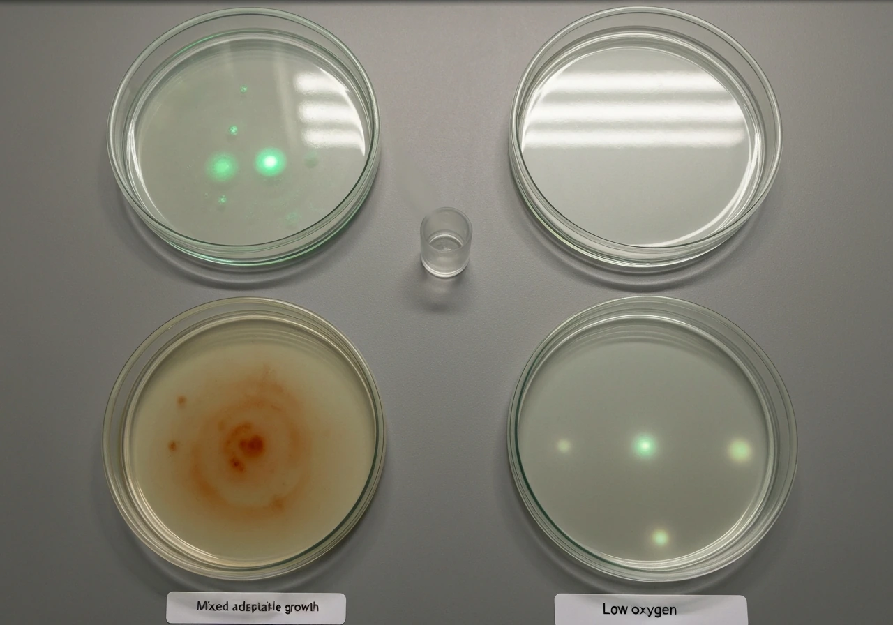 Minimal lab photo with four petri dishes indicating four oxygen response categories via subtle light and haze.