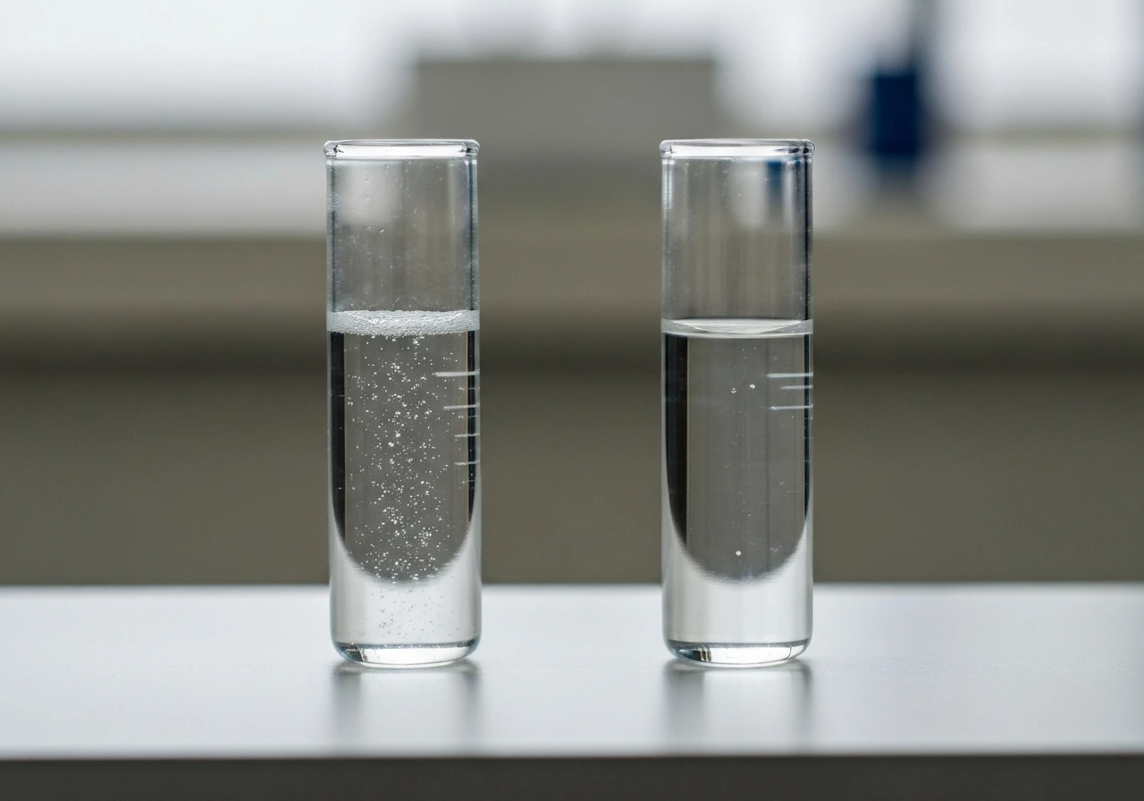 Split view of a clear lab culture vessel: oxygen-rich sample with tiny bubbles vs oxygen-depleted sample with still surf