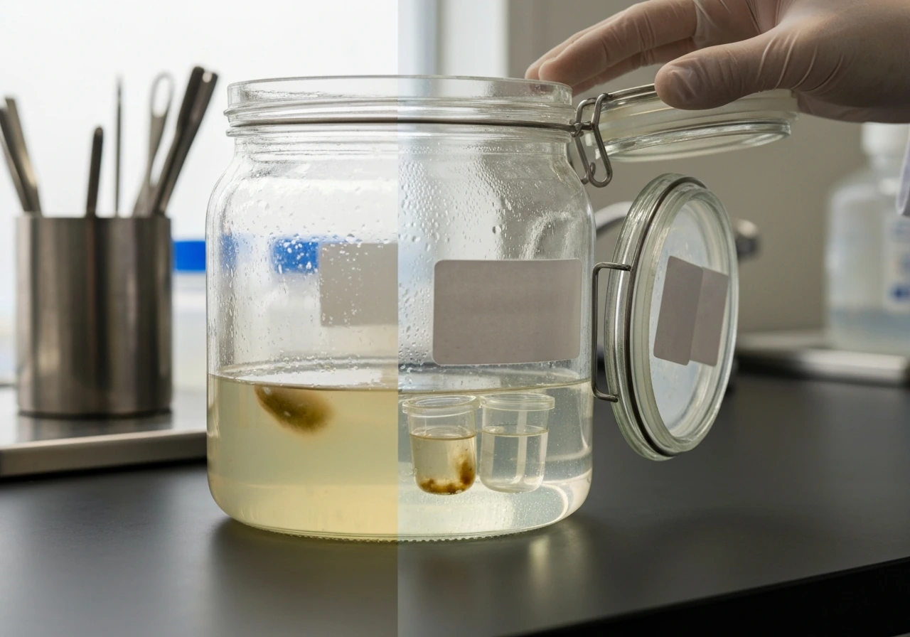 Lab anaerobic jar on a bench with clear culture vessels showing low-oxygen growth tint.