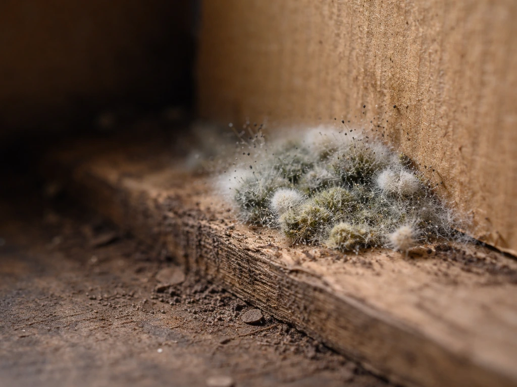 Close-up of mold growing on cardboard and wood fibers in a small indoor corner.