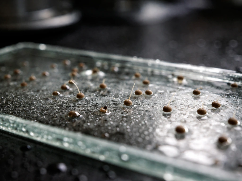 Microscope-like close-up of mold spores beginning to germinate on a wet surface under soft lab light.