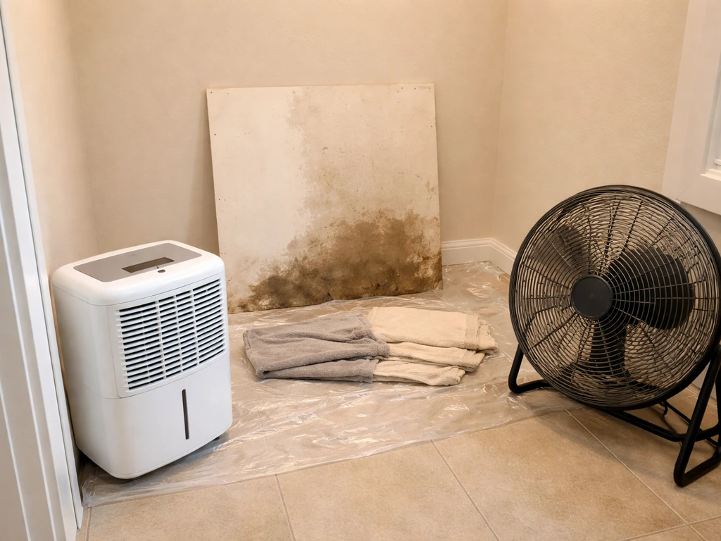 Home dehumidifier and running fan drying wet drywall after a minor leak, focused on moisture control