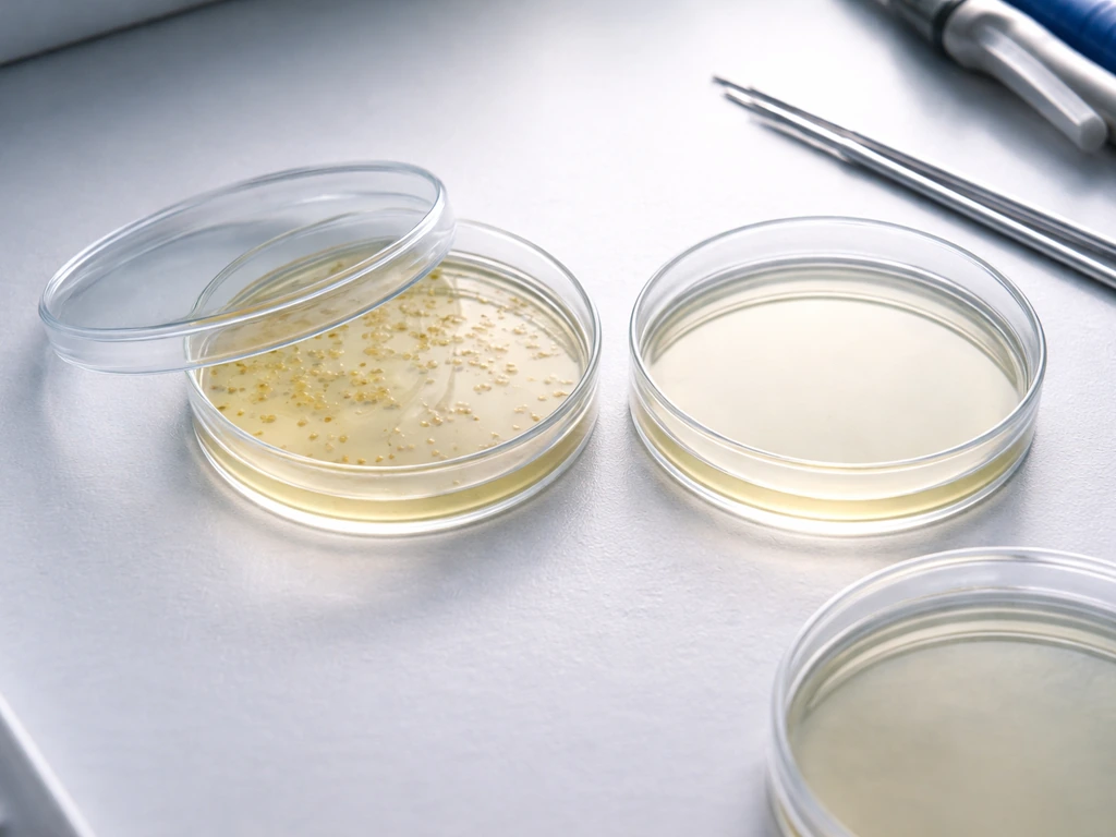 Overhead view of Petri dishes with colonies on one selective plate and none on others.
