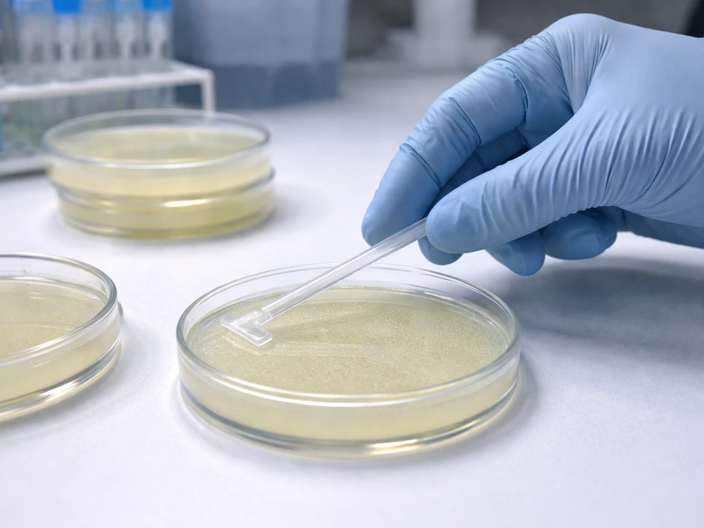 Gloved hand plating bacteria onto antibiotic agar petri dish with nearby selection plates in soft focus