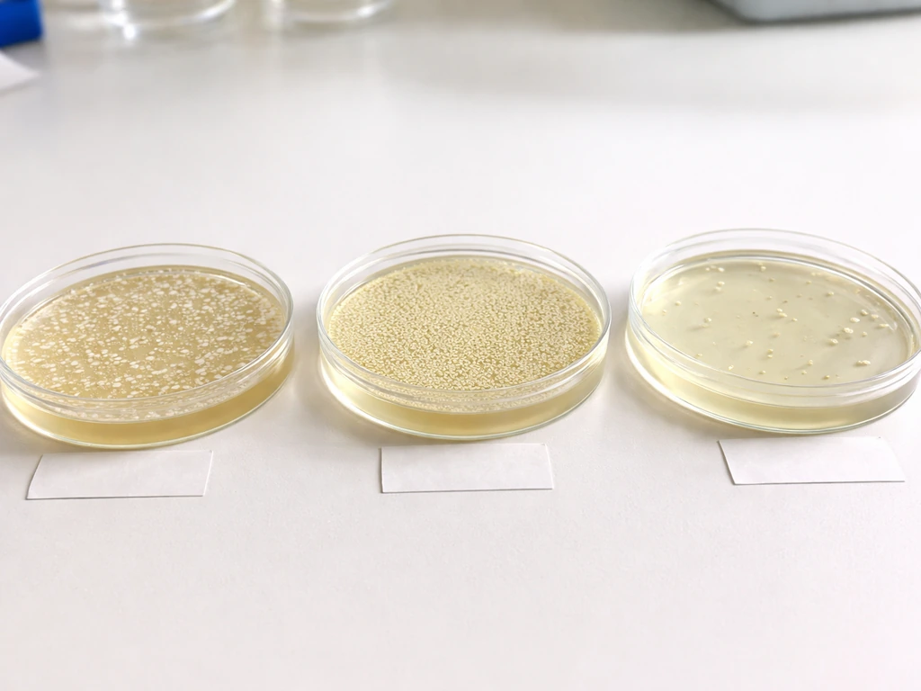 Three agar plates on a lab bench showing different colony patterns for positive, negative, and selective controls.