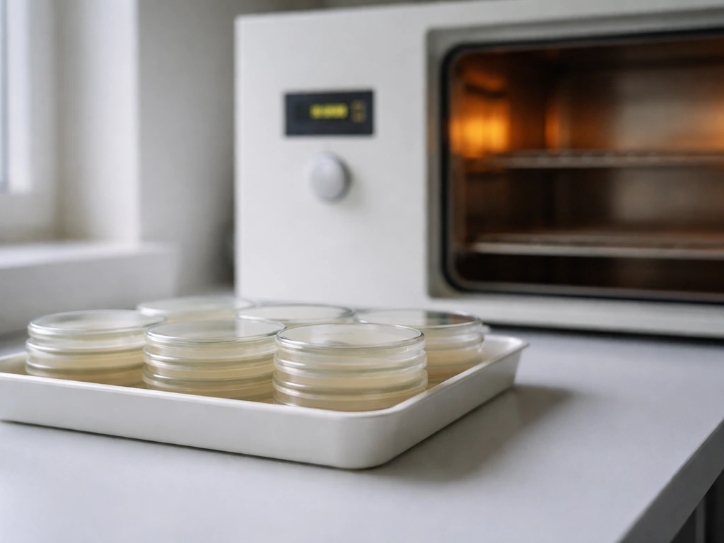 Inverted agar plates (agar side up) staged near a lab incubator at 37°C, ready for incubation