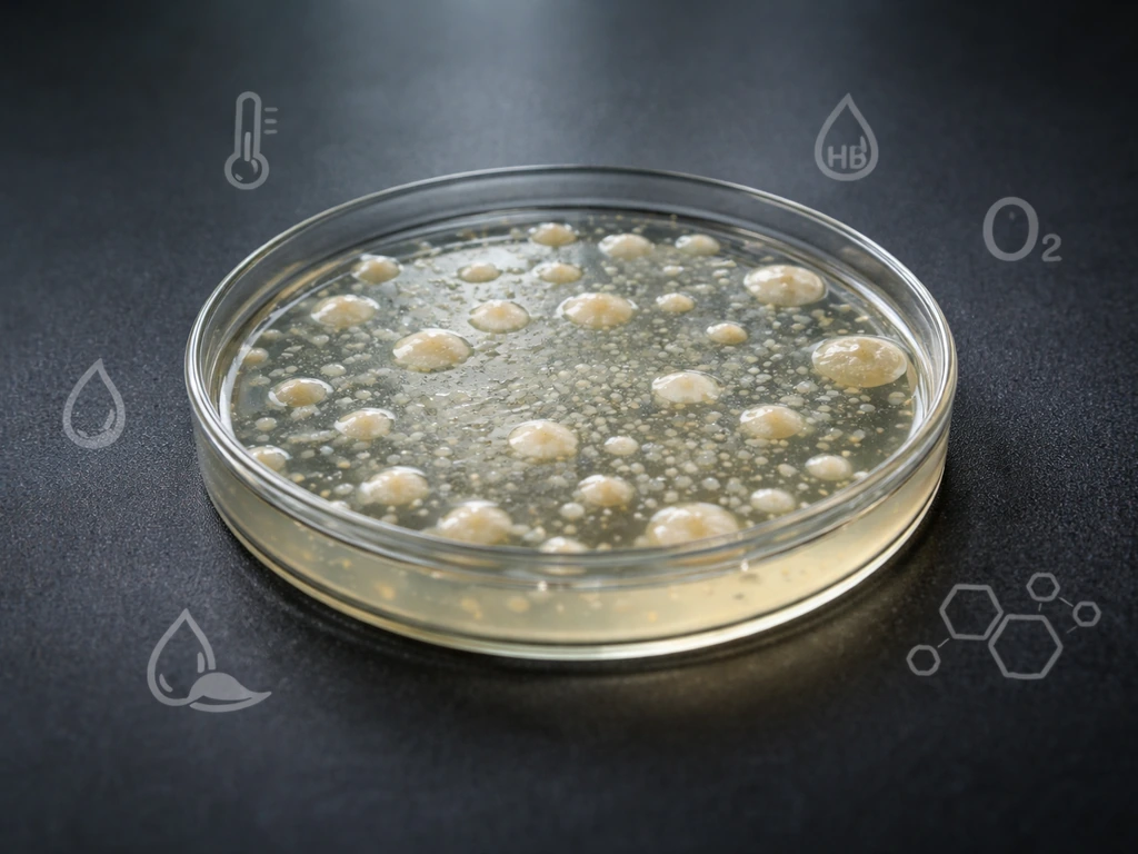 Macro photo of microbial colonies on agar with subtle surrounding growth-condition symbols
