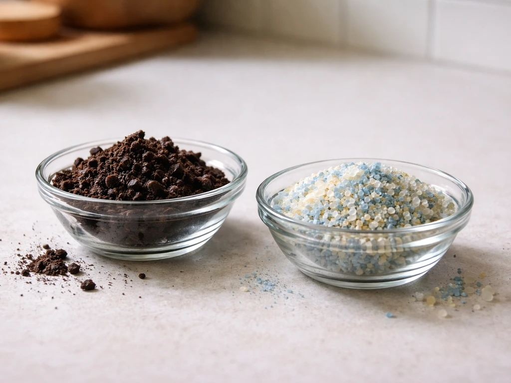 Minimal tabletop scene with colorful organic matter and mineral salts representing nutrients microbes consume.