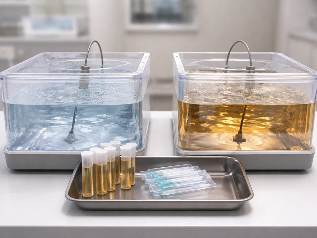 Two side-by-side lab water baths at different temperatures with sterile tubes on a bench.