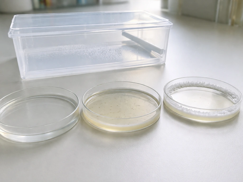 Laboratory bench with Petri dishes of agar showing differing visible microbial growth and a sealed humidity chamber.