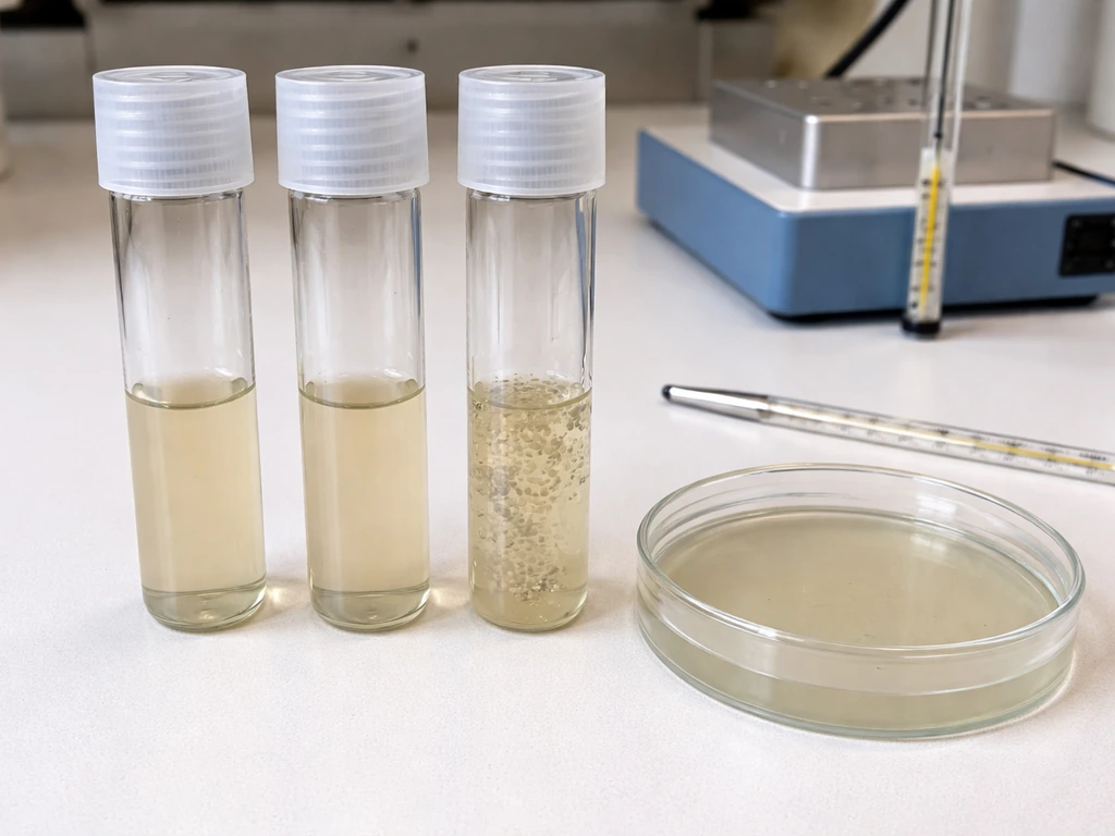 Lab bench with culture tubes and Petri dish showing no growth in some samples and slight growth in another.