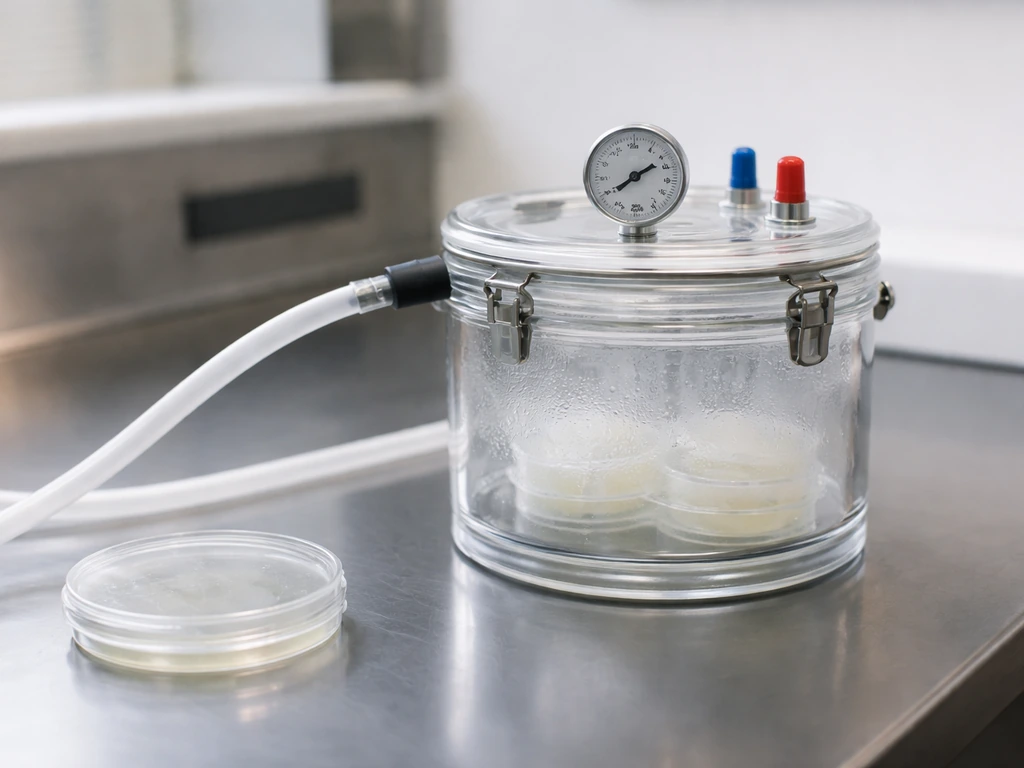 Lab bench with a transparent gas incubation jar and connected hose, suggesting low-oxygen growth conditions.