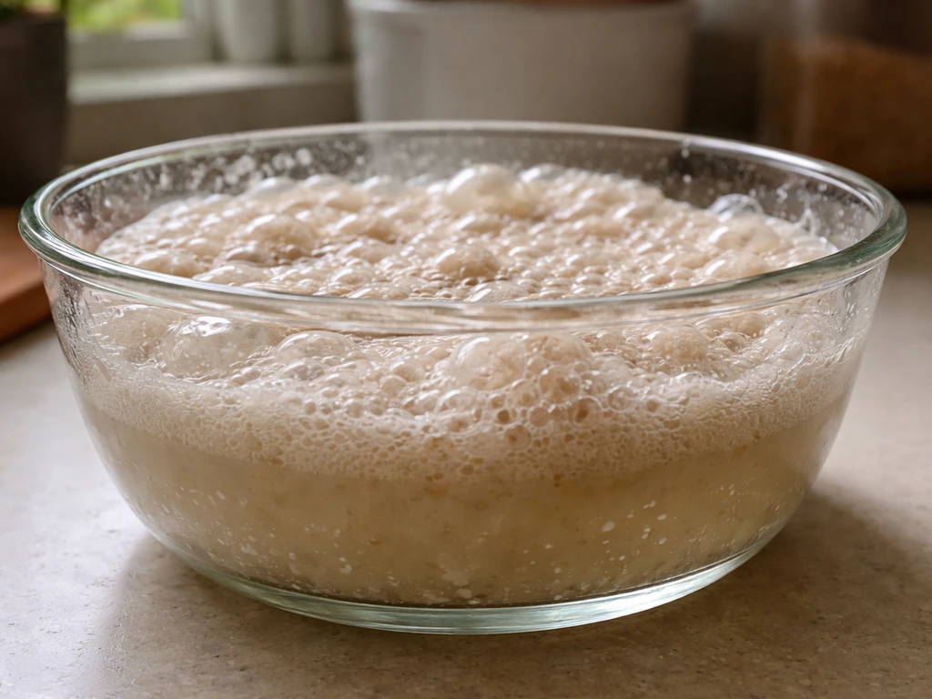 Macro view of bubbling yeast fermentation foam expanding in a glass bowl on a kitchen countertop.