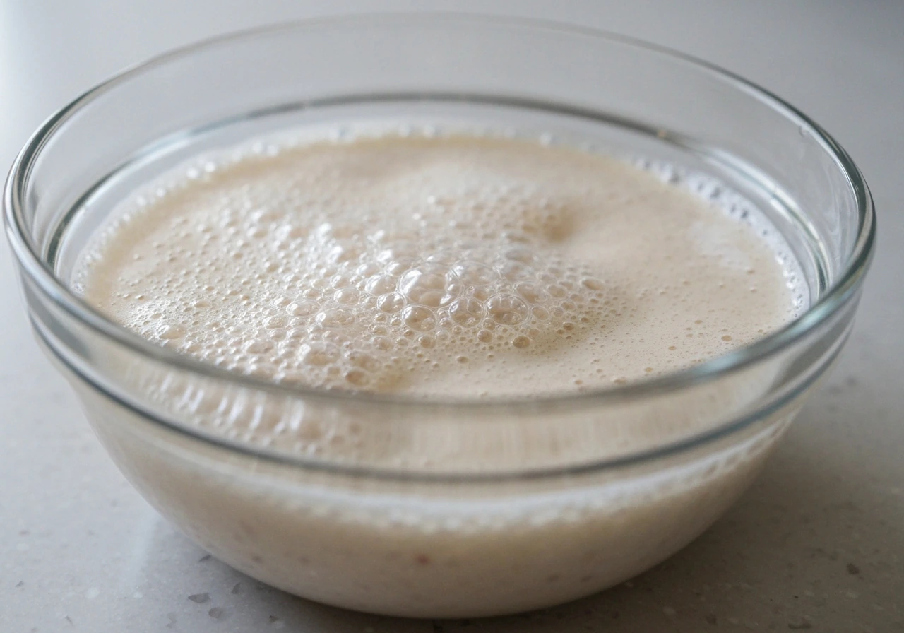 Close-up of foamy bubbling yeast fermentation in a glass bowl, showing active growth.
