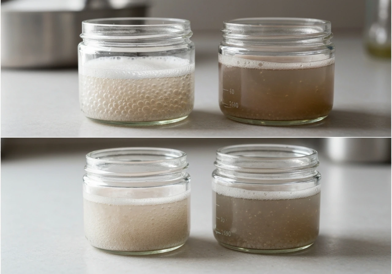 Three clear jars of yeast at different acidity levels with noticeably different bubbling and foam.