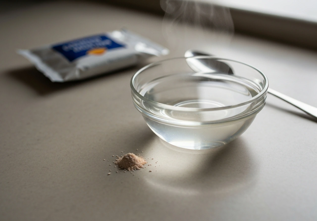 Minimal kitchen scene with yeast packets, warm water, and a spoon, suggesting yeast troubleshooting.