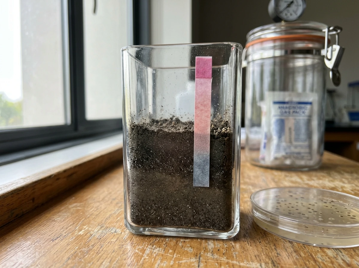 Low-oxygen soil and lab setup showing an oxygen gradient with anaerobic culture cues.