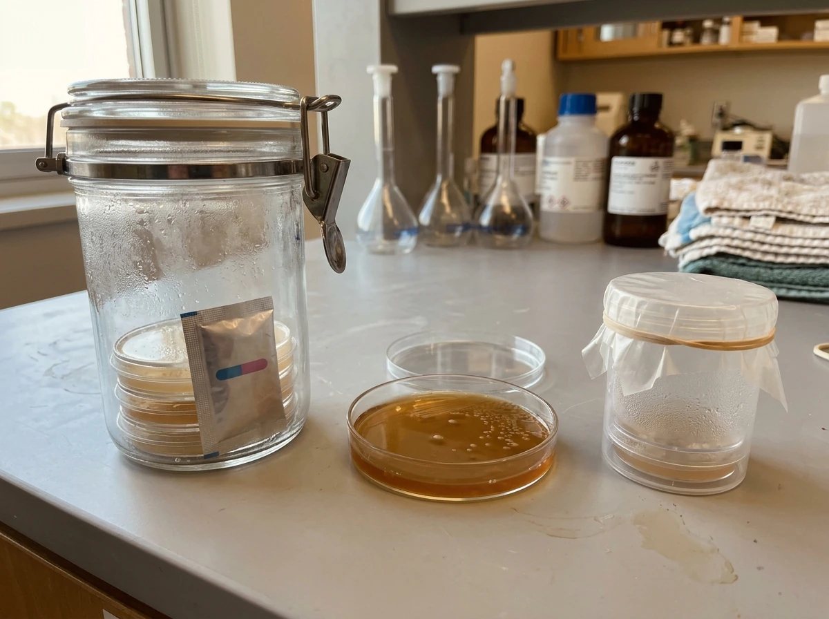 Three lab culture setups showing different oxygen conditions for comparison.