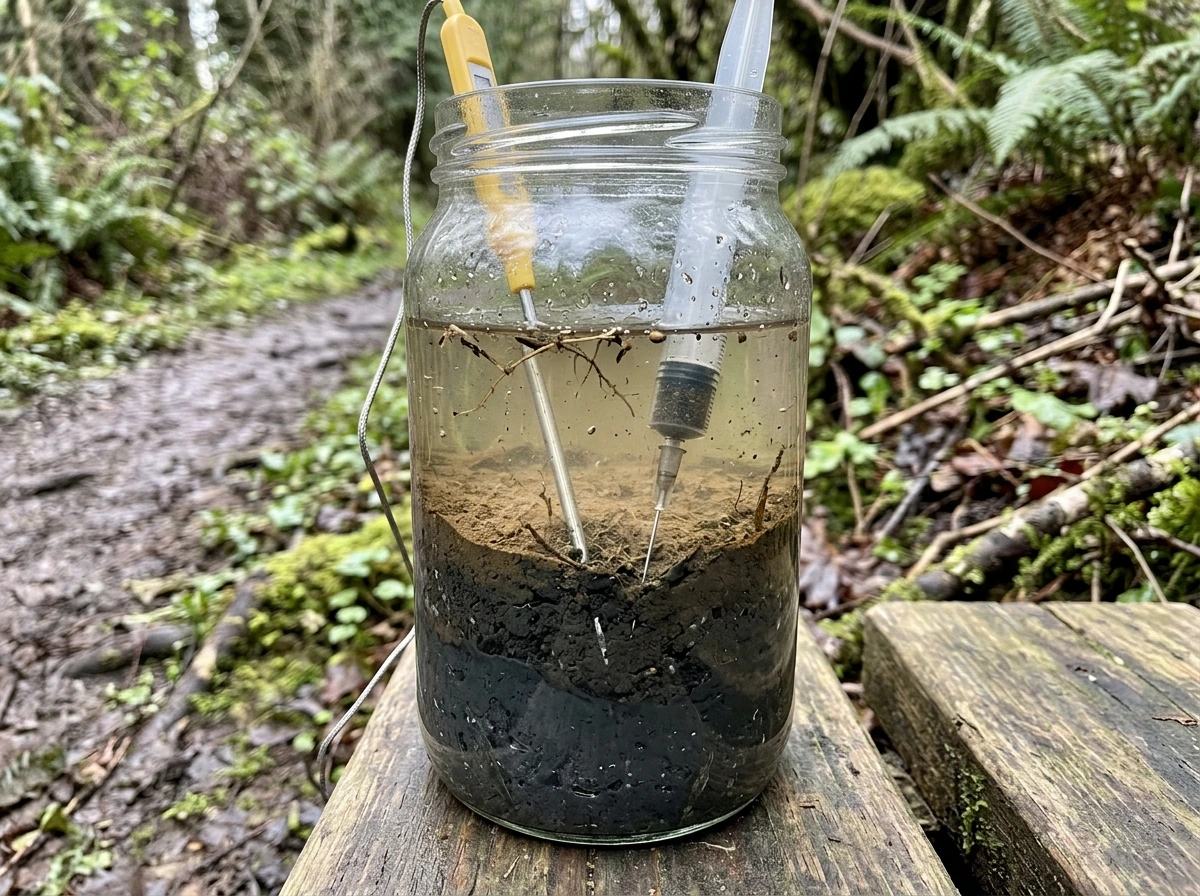 Waterlogged sediment in a container showing darker, oxygen-depleted bottom layer.