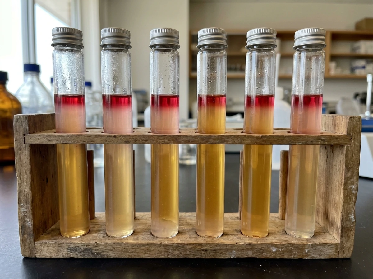 Thioglycolate broth tubes showing an oxygen gradient by dye color change.
