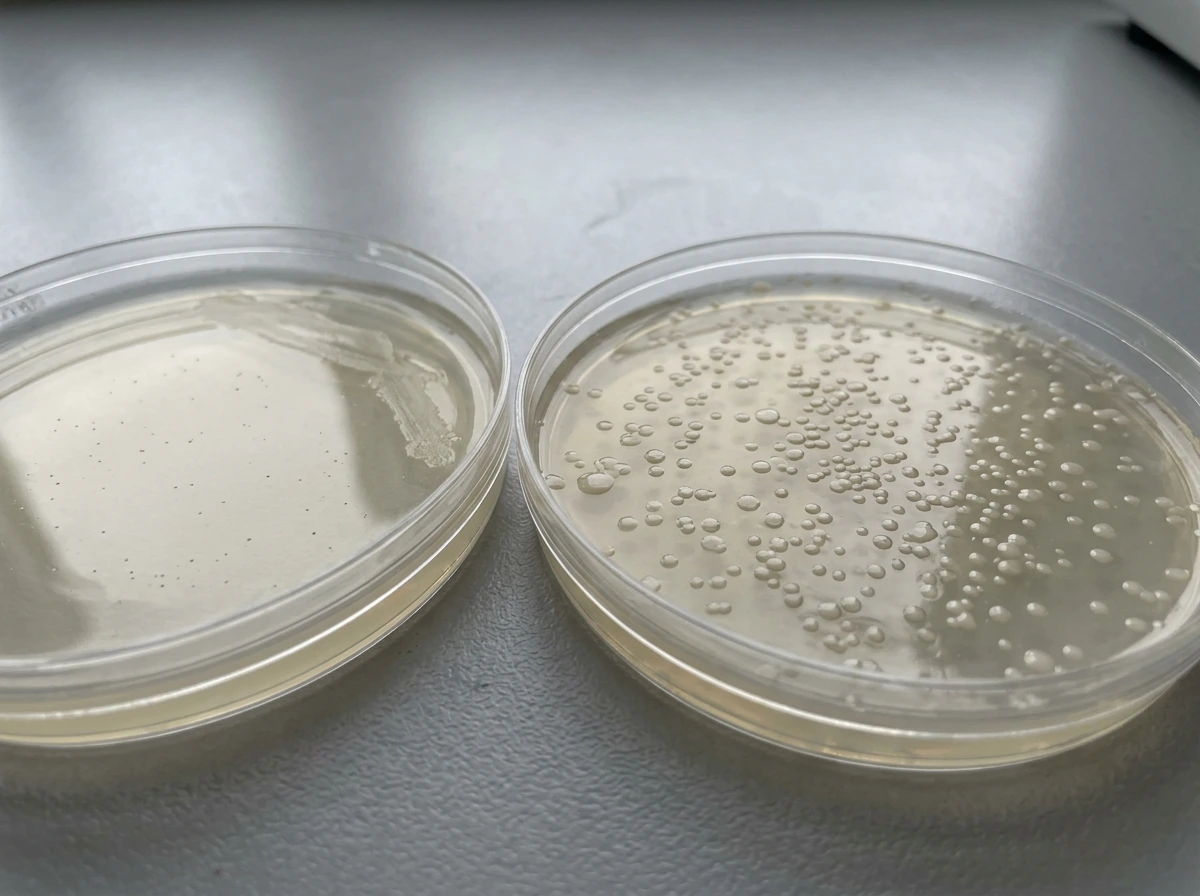 Side-by-side plates showing growth in anaerobic conditions but not in air.