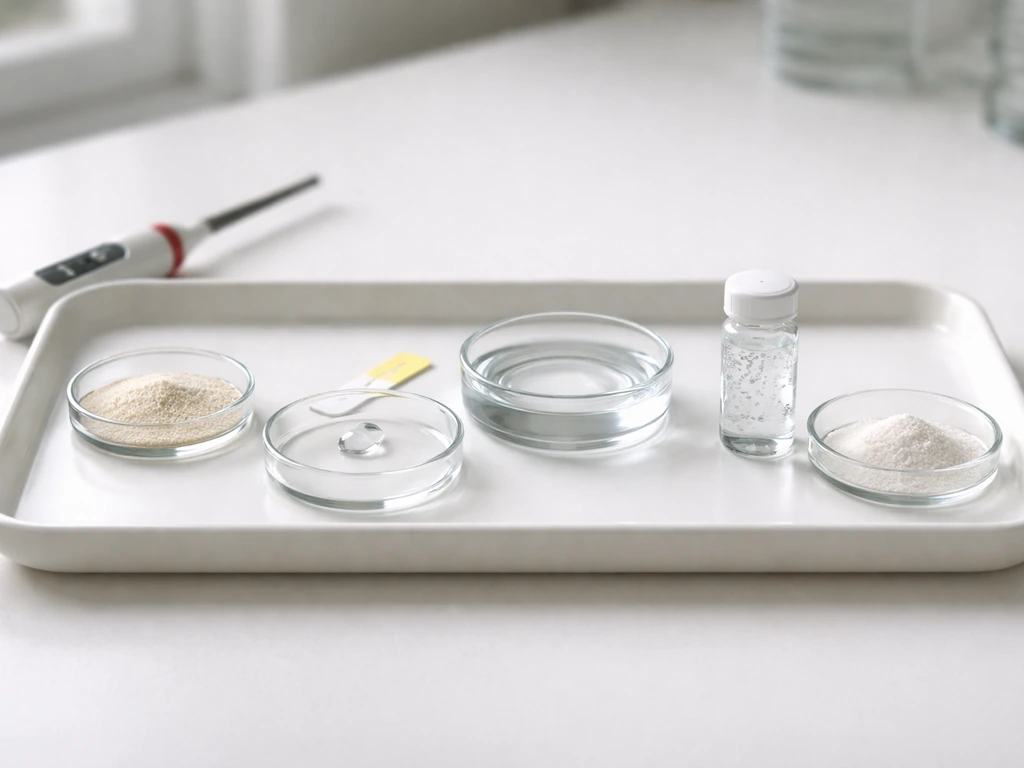 Minimal lab tray with five small dishes suggesting temperature, pH, moisture, oxygen, and nutrients.