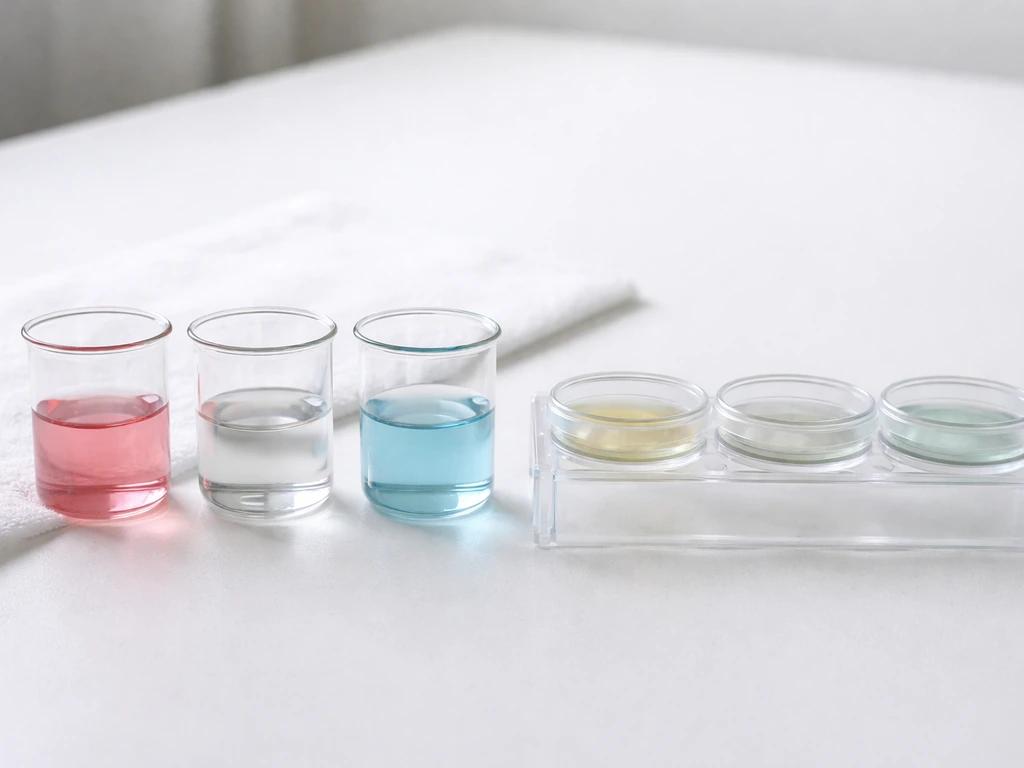 Minimal lab bench with beakers and petri dishes showing a left-to-right acidic to neutral to alkaline gradient.