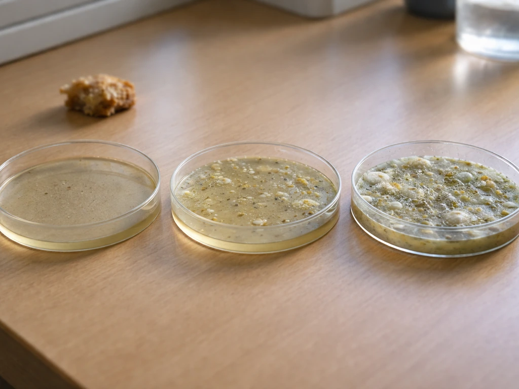 Food sample and agar plates showing more microbial growth on higher-moisture plates