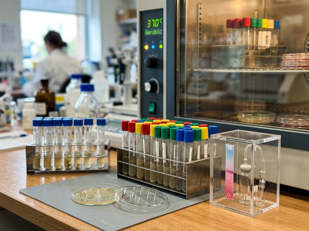 Lab culture apparatus showing aerobic conditions for obligate aerobes