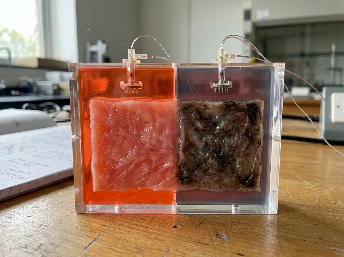 Body oxygen landscape shown by a split tissue-like model with oxygen-rich vs oxygen-poor areas
