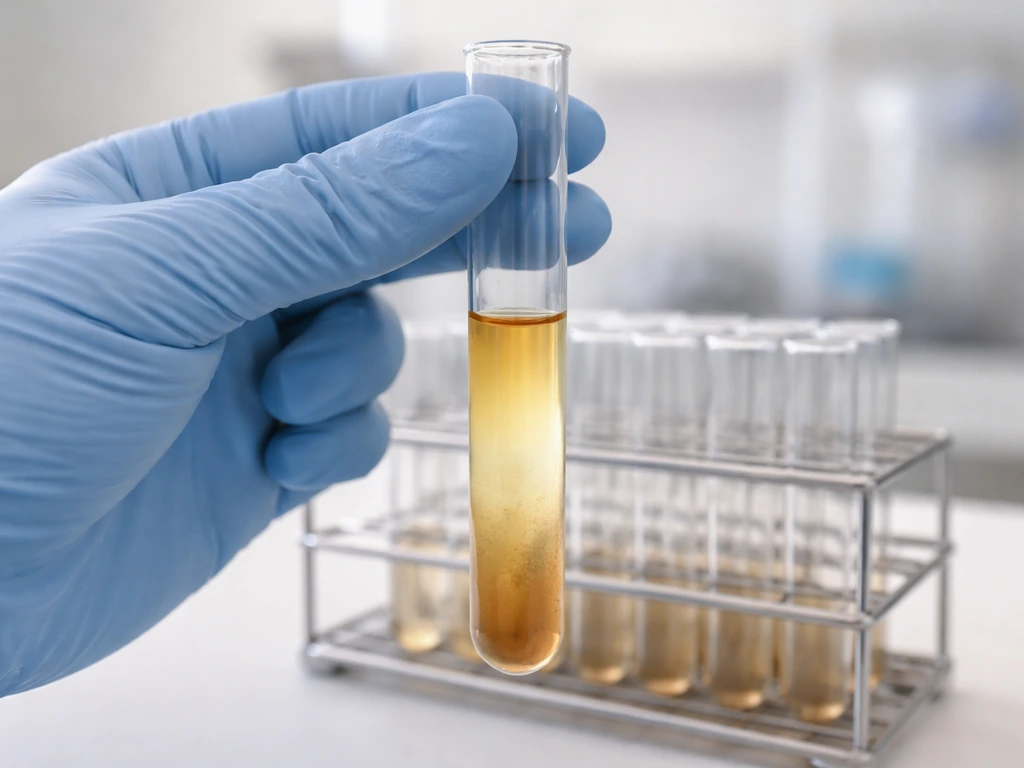 Clear lab tube with thioglycollate showing an oxygen gradient and denser bacterial growth near the bottom