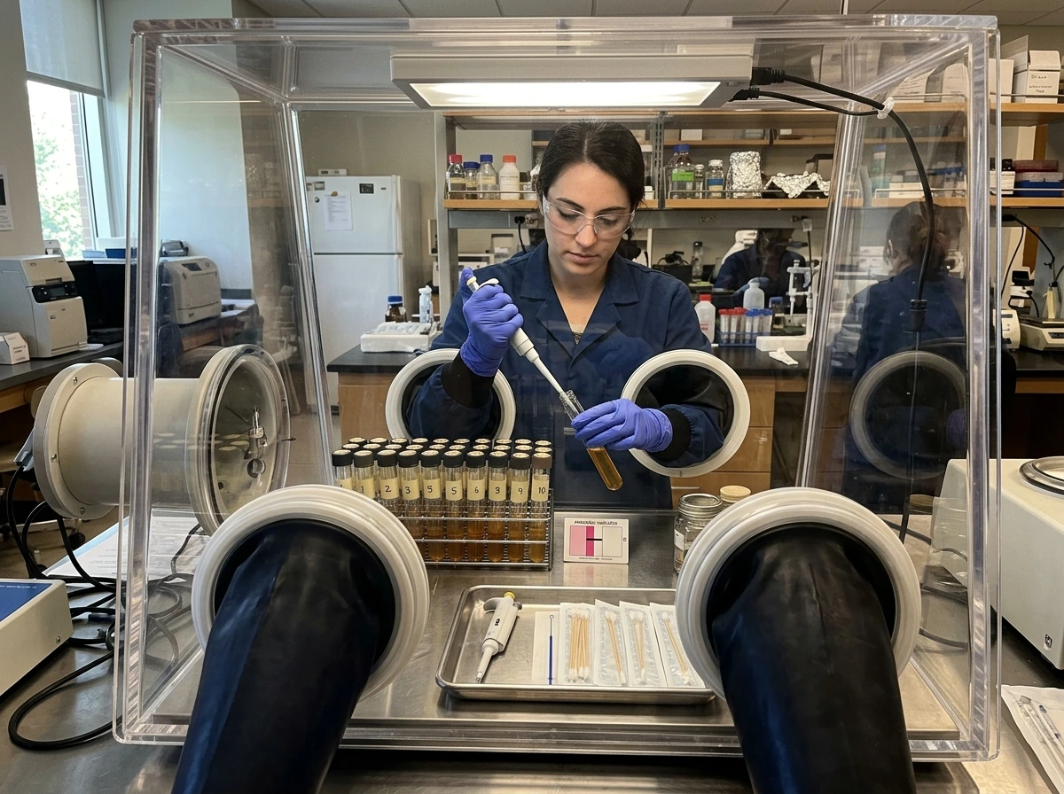Lab tube and glovebox setup illustrating microbes that thrive without oxygen